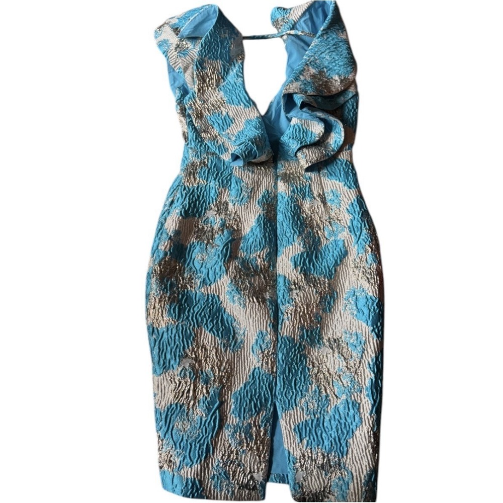 Teal Metallic Brocade Jacquard Dress Ruffle Sleeve V Bodycon Midi Wedding Guest - Picture 7 of 8